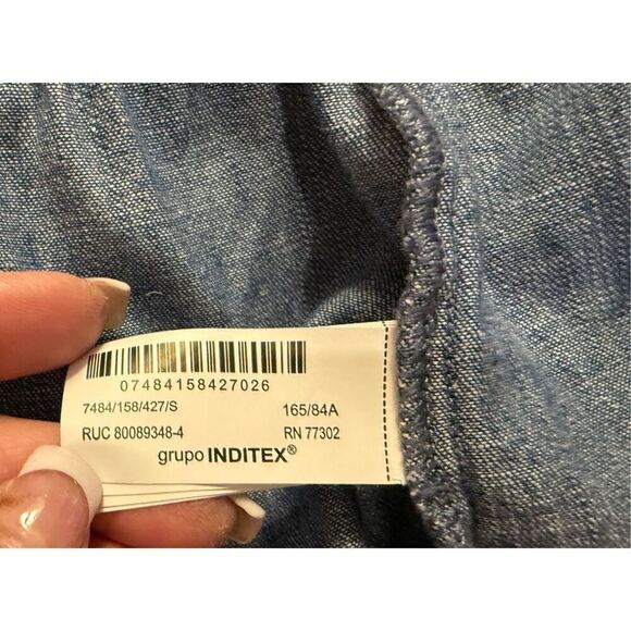 Zara Women’s Denim Shirt Elasticized Tie Waist Peplum Sz. S 3/4 Sleeves - Picture 7 of 8